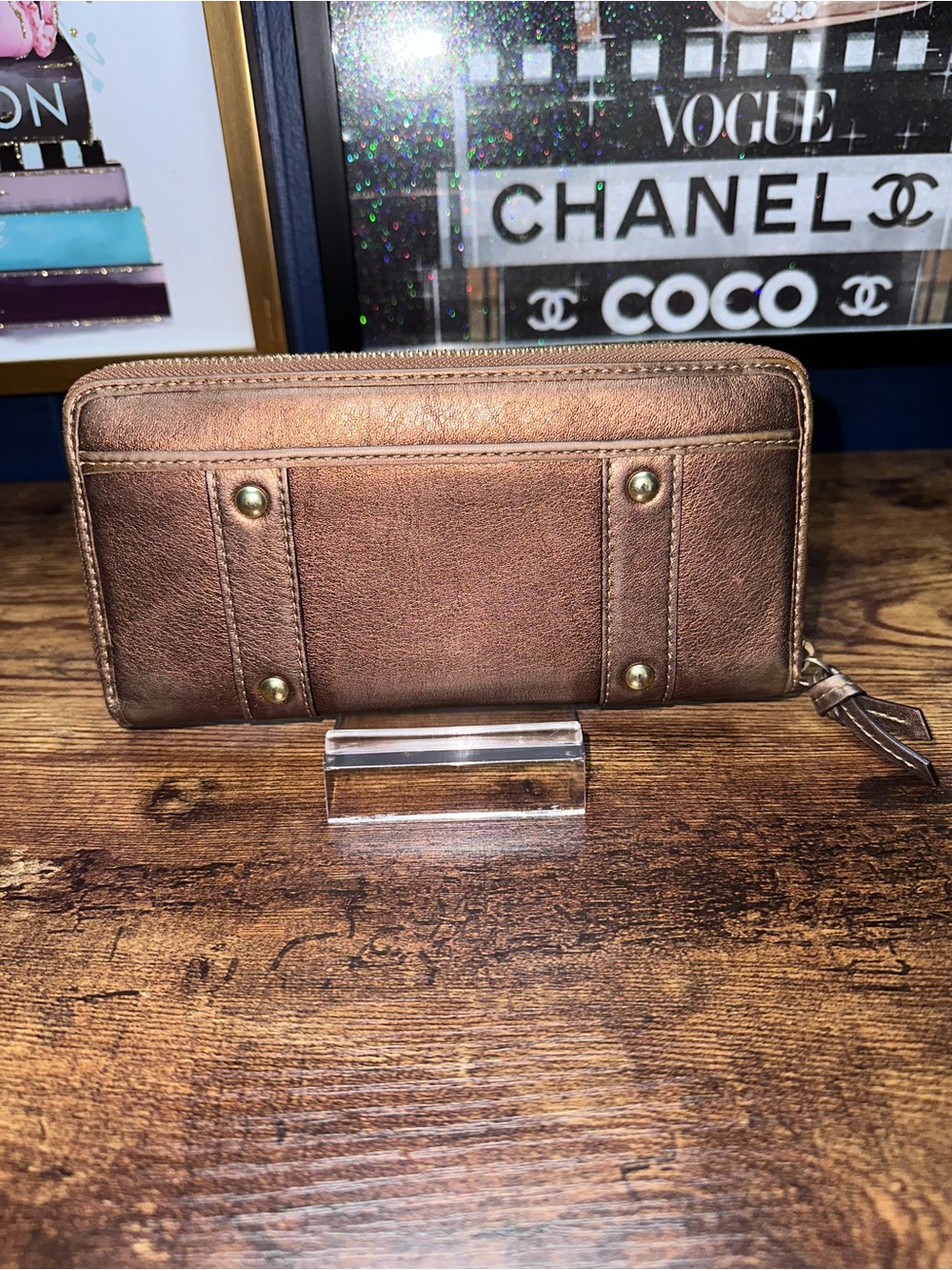 COACH Zoe Vintage Metallic Legacy Bronze Leather Zip Wallet with Buckle Detail - Picture 2 of 12